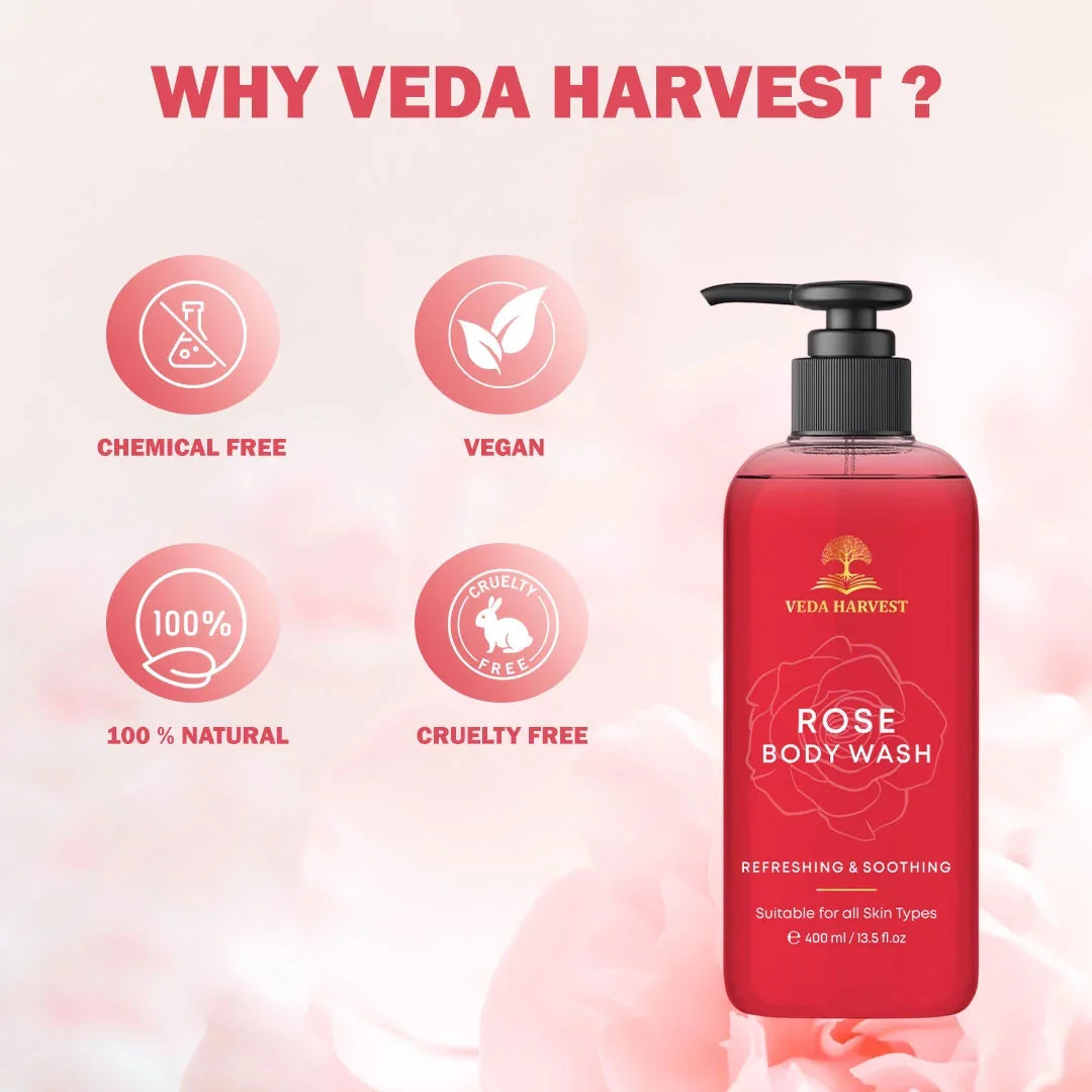 Rose Body Wash Shower Gel for Women and Men – 400ml - Veda Harvest