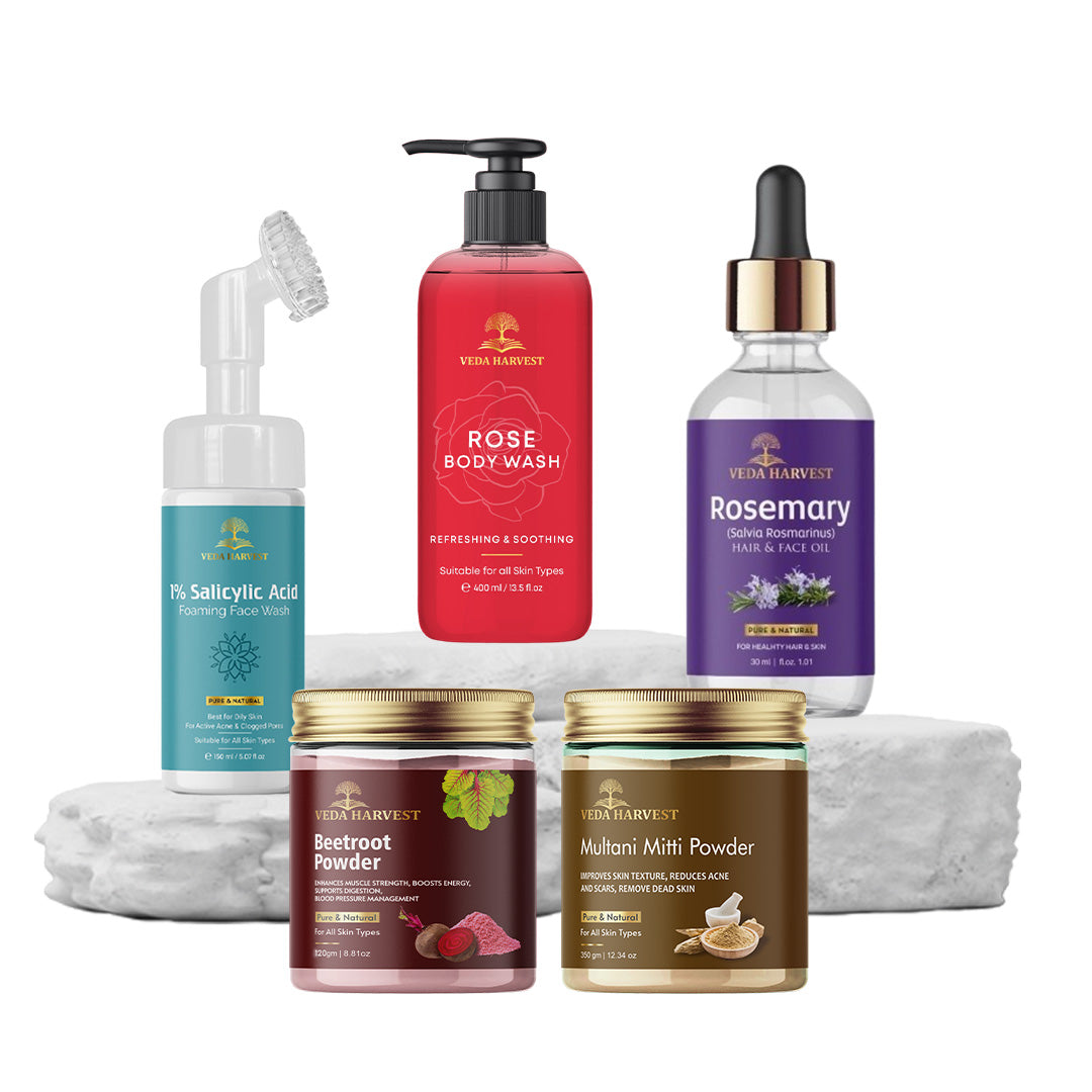 Veda Harvest Essential Beauty Combo: Rose Body Wash, 1% Salicylic Acid Face Wash, Rosemary Oil, Beetroot & Multani Mitti