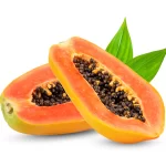 ripe-slice-papaya-with-leaves-white-wall