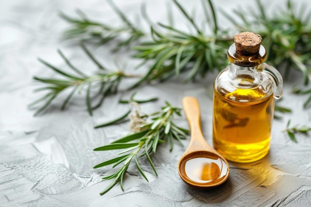 rosemary plant with oil in bottle